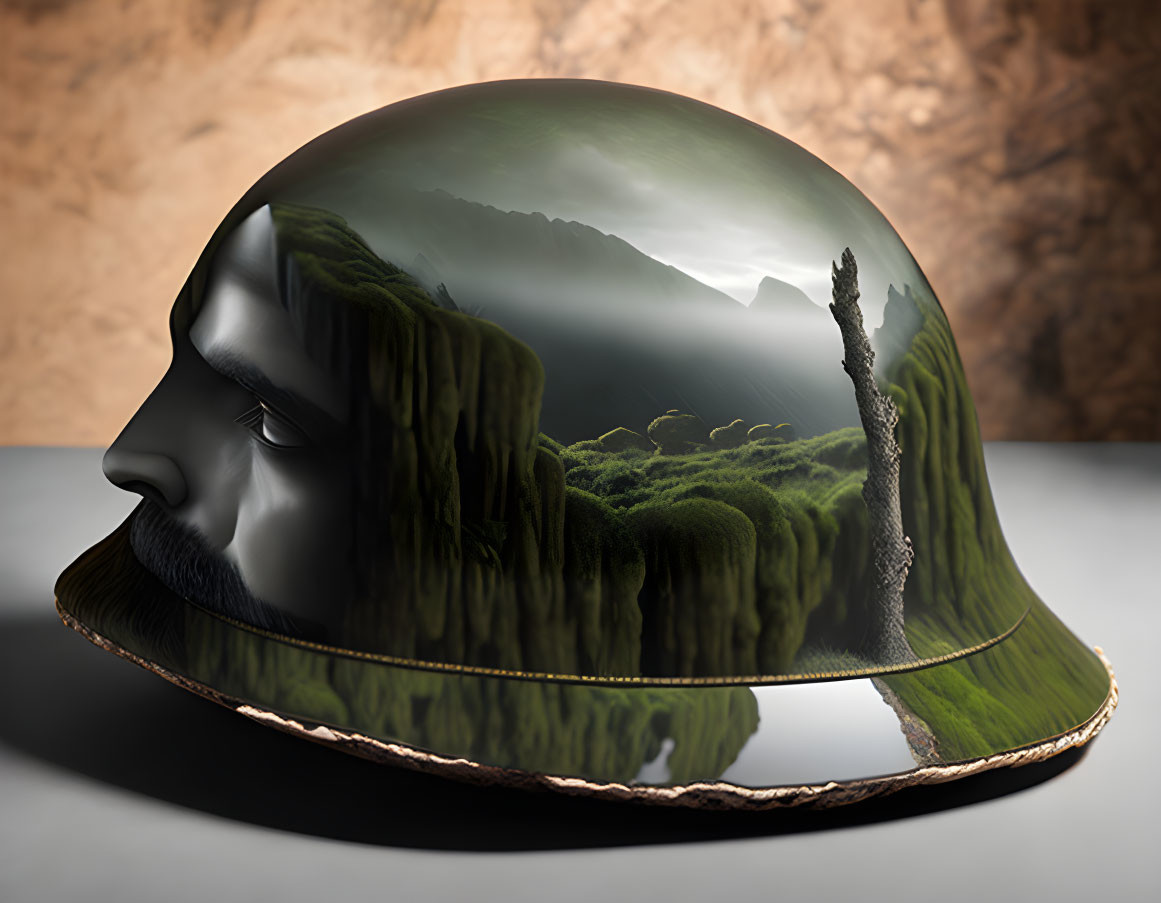 Surreal landscape art: rolling hills, lone tree, human face profile in reflective helmet