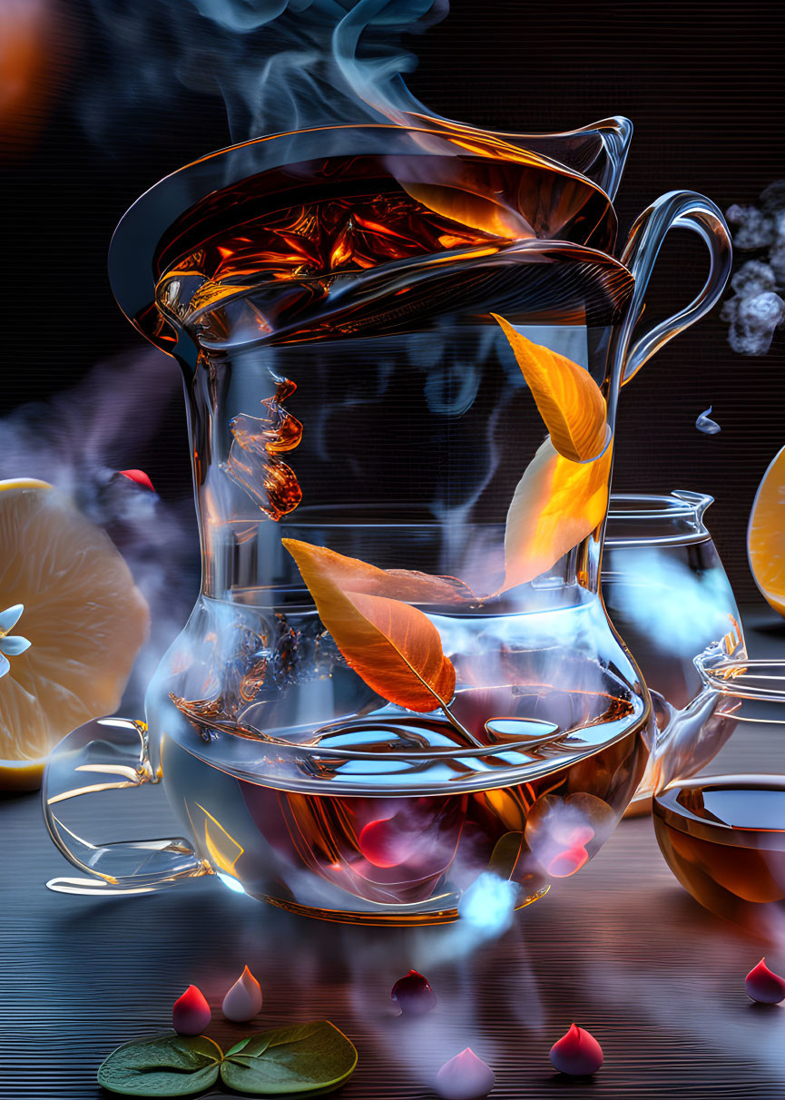 Glass Teapot with Amber Liquid, Citrus Slices, and Petals on Dark Background