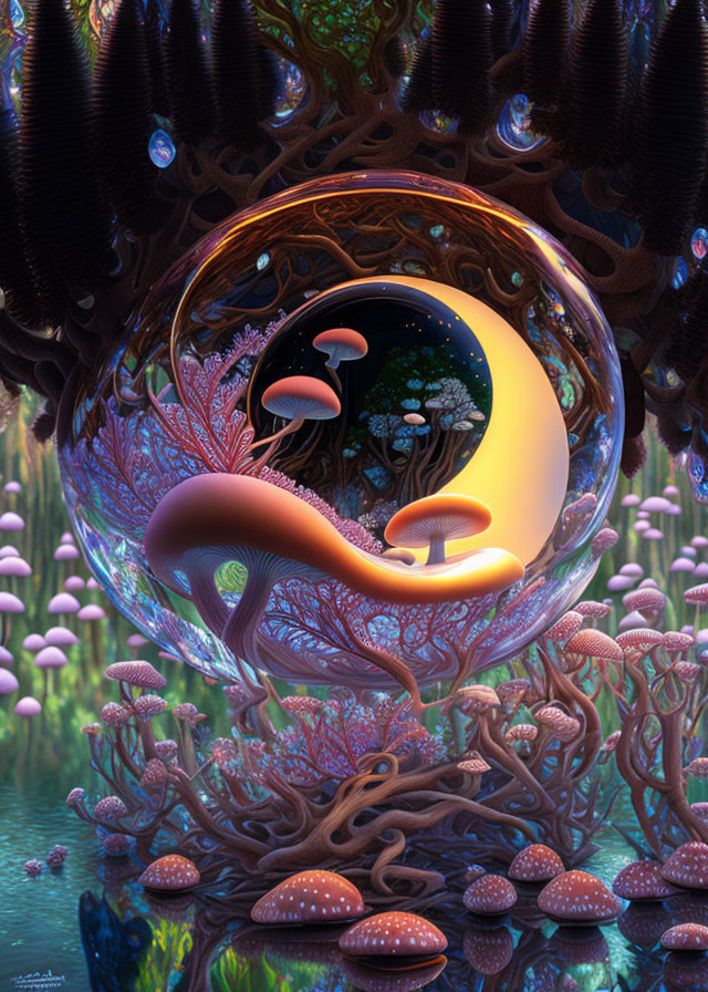 Surreal landscape with luminous crescent moon and vibrant mushrooms