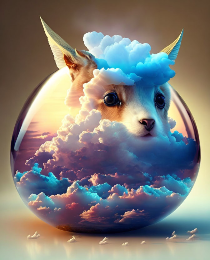 Surreal cat illustration with cloud fur in transparent bubble, birds, and soft lighting