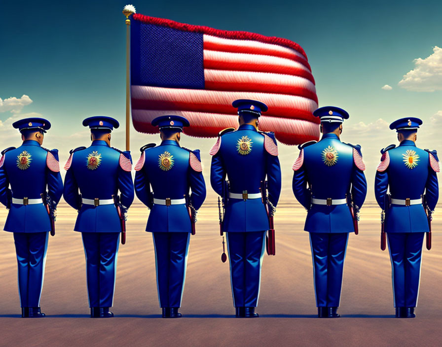 Military personnel salute American flag in formation under clear sky