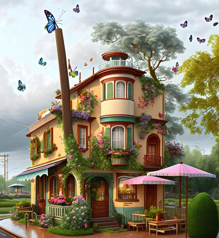 Colorful Three-Story House with Flowers, Butterflies, and Greenery