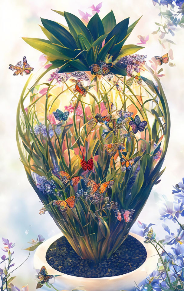 Colorful terrarium with green plants, butterflies, and flowers on pastel background