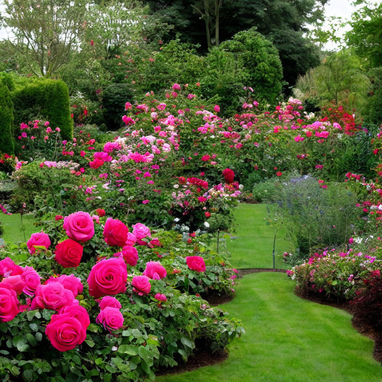 Colorful Blooming Rose Garden with Lush Greenery