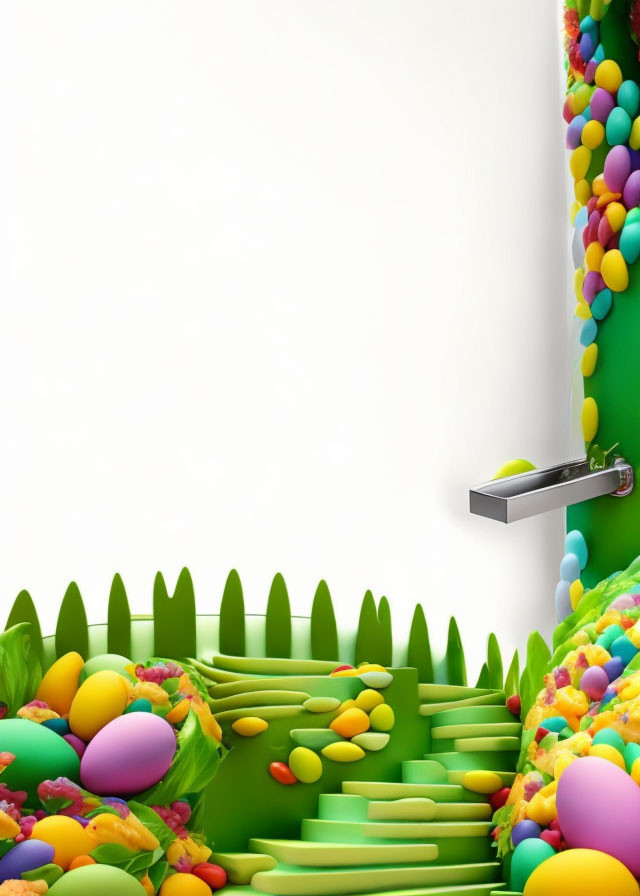 Colorful Abstract Scene with Vibrant Balloons, Green Cylindrical Shapes, and Silver Security