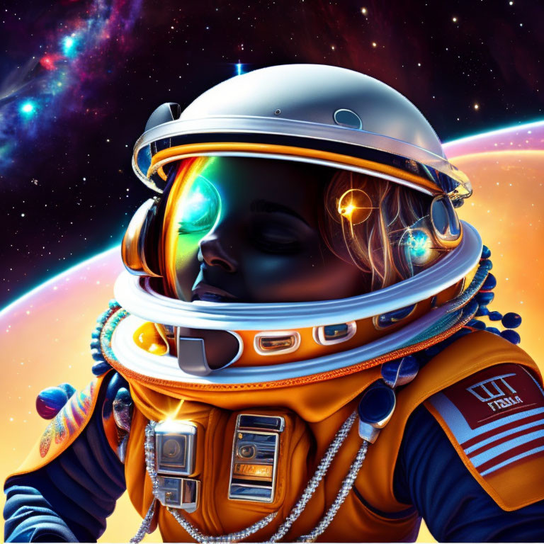 Detailed Orange and White Space Suit in Vibrant Cosmic Scene