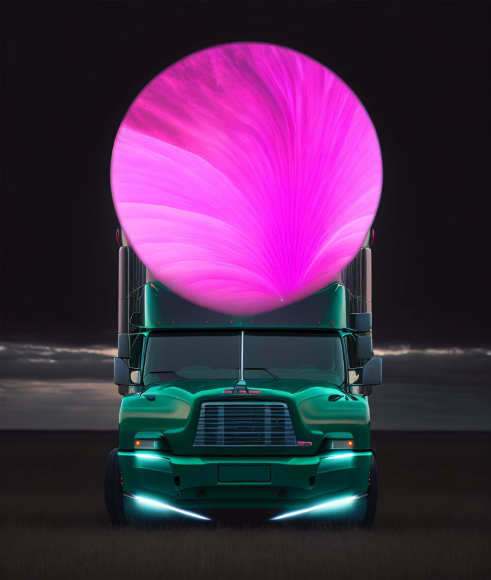 Teal Truck with Neon Undercarriage and Glowing Pink Orb Trailer