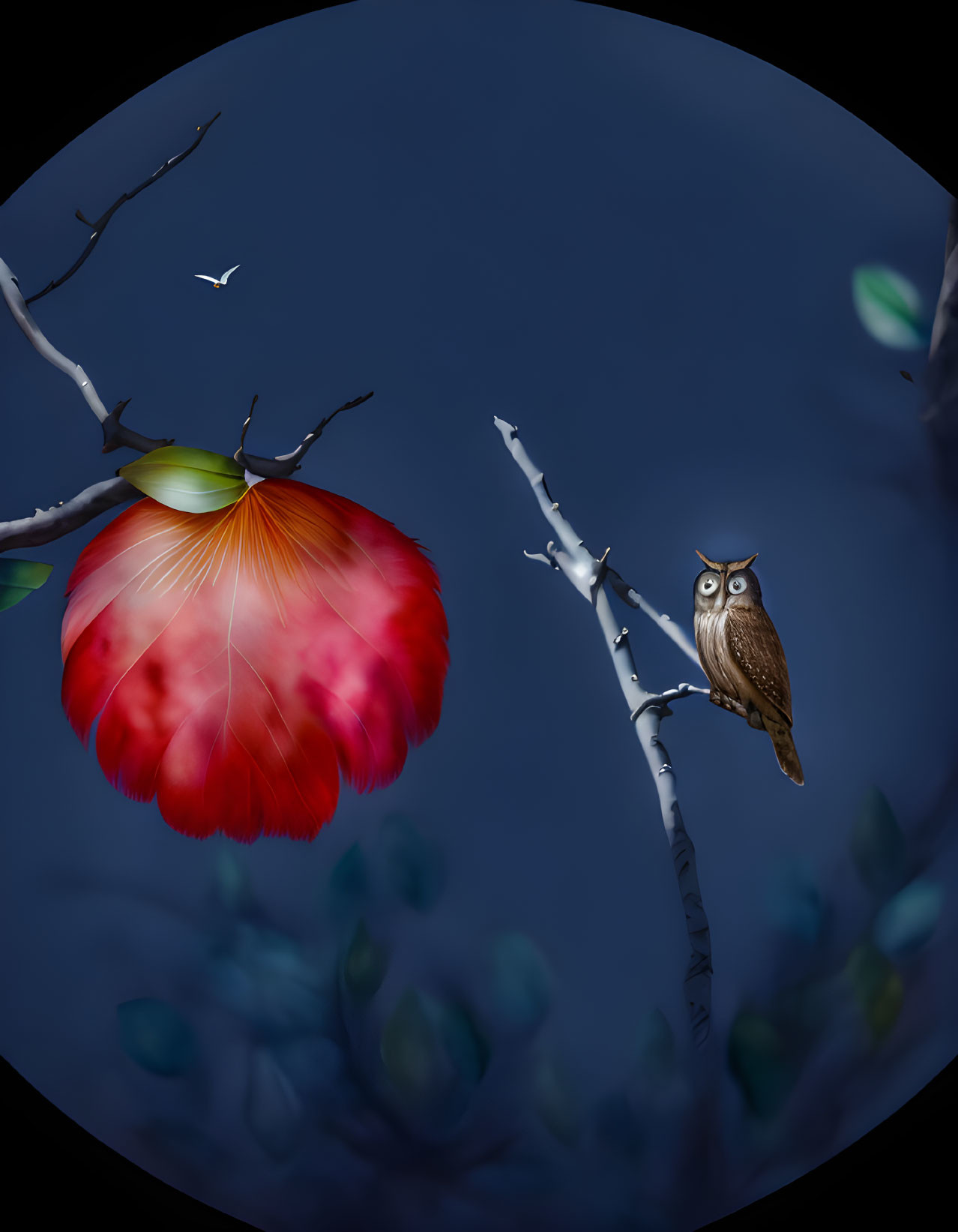 Illustration of night scene with red fruit, owl, and flying bird