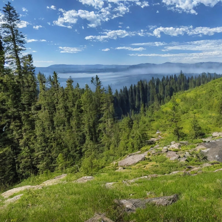 Tranquil lake under partly cloudy sky with lush green hillside