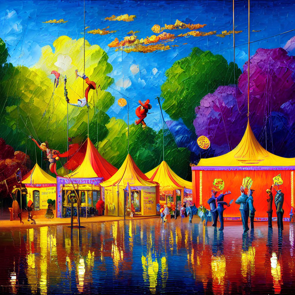 Colorful Circus Scene with Performers and Acrobats on Reflective Floor