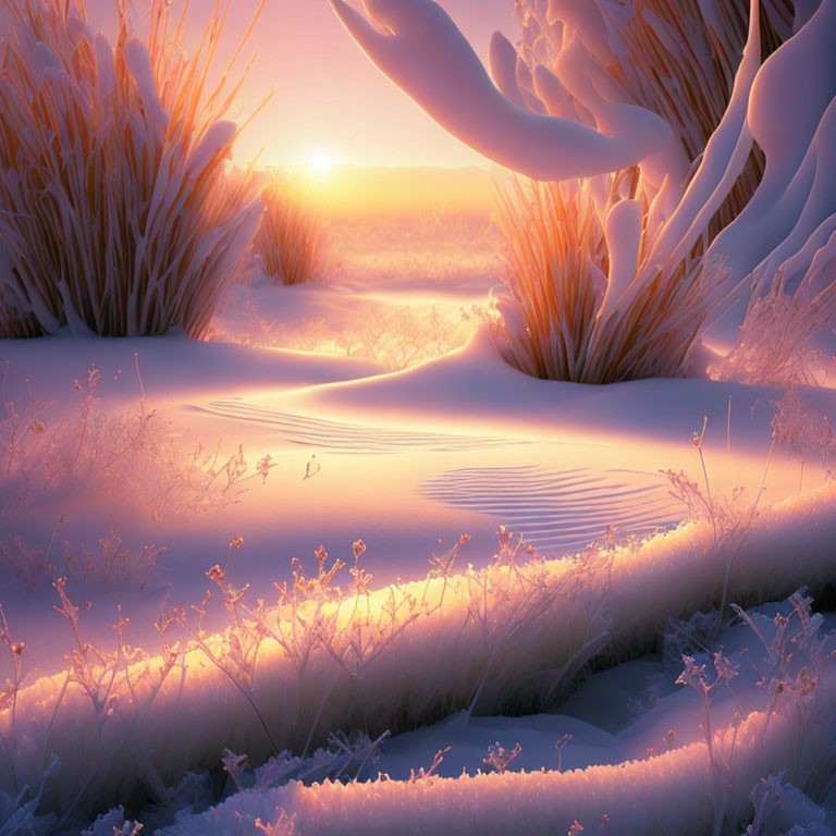 Winter sunset scene with soft pink hues over snow-covered landscape.