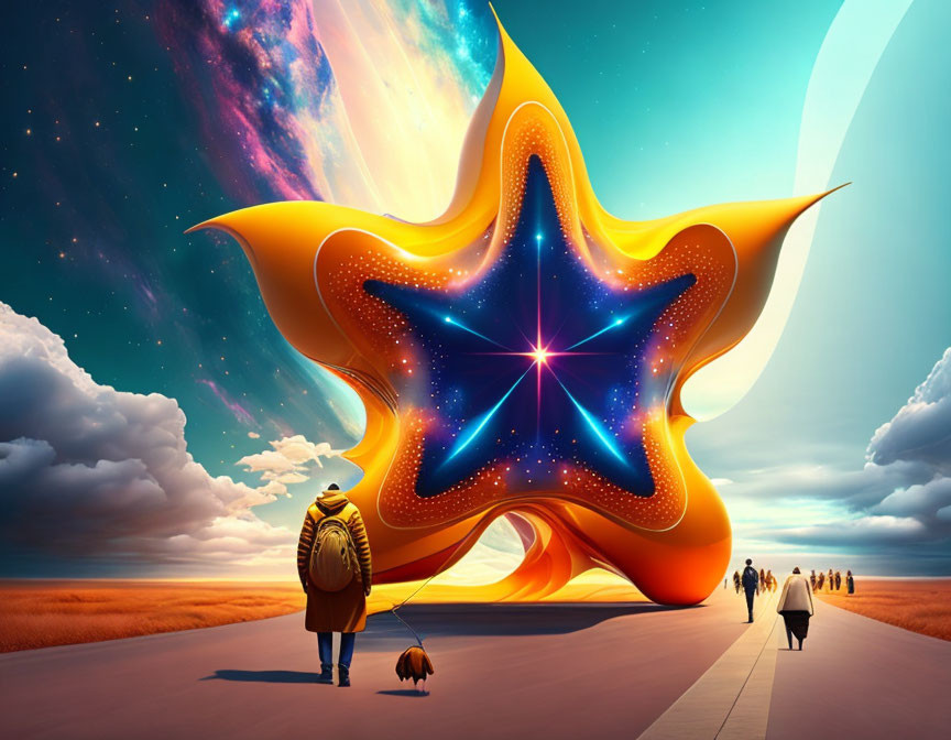 Surreal illustration of person with cat and star-shaped structure