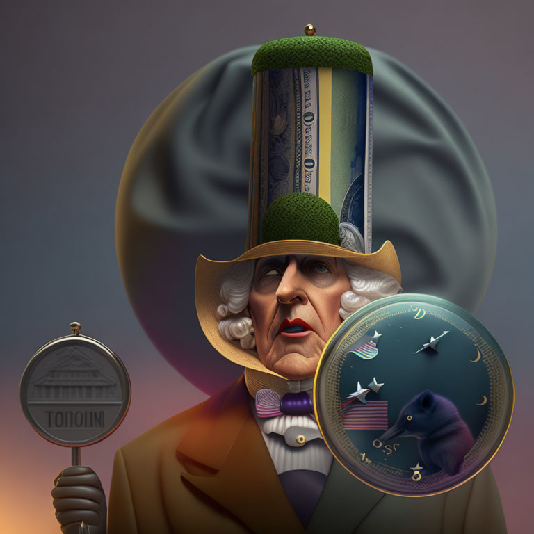 Digital artwork: Stern figure with currency hat, sign, magnifying glass, and mouse on a wheel