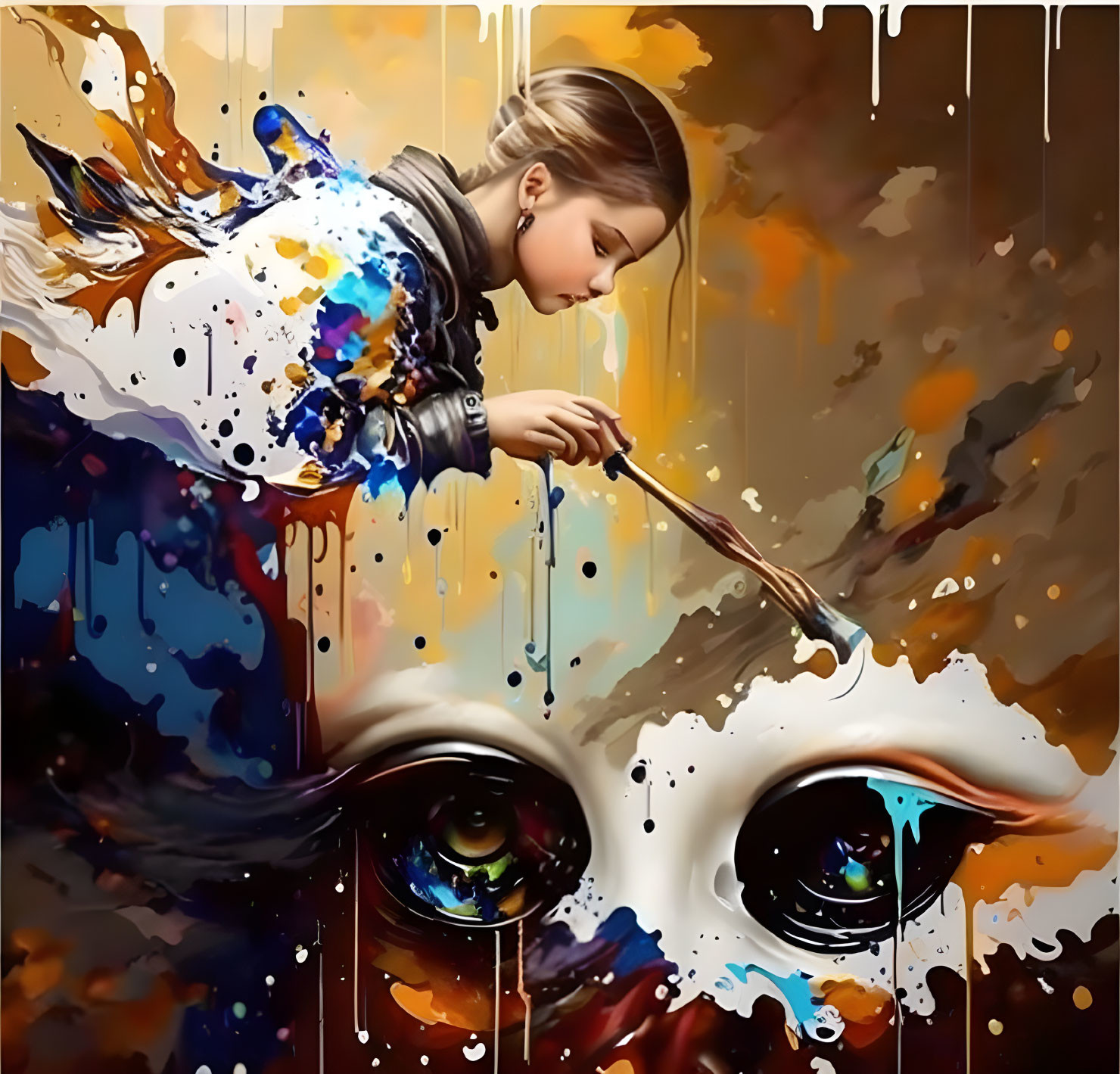 Colorful digital artwork: Woman painting abstract eyes on canvas