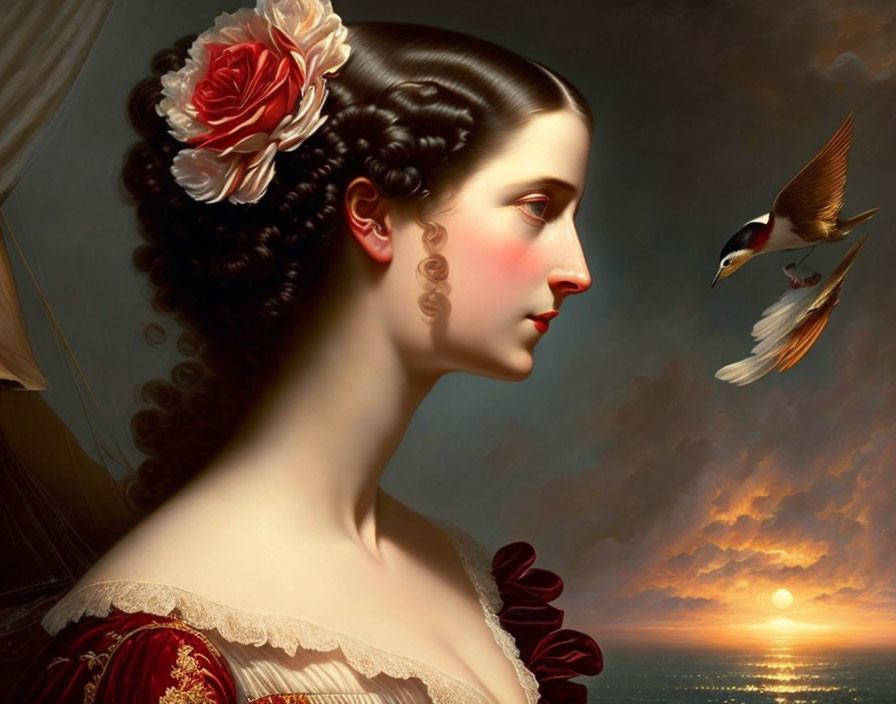 Portrait of a woman with red flower, bird, sunset by the sea