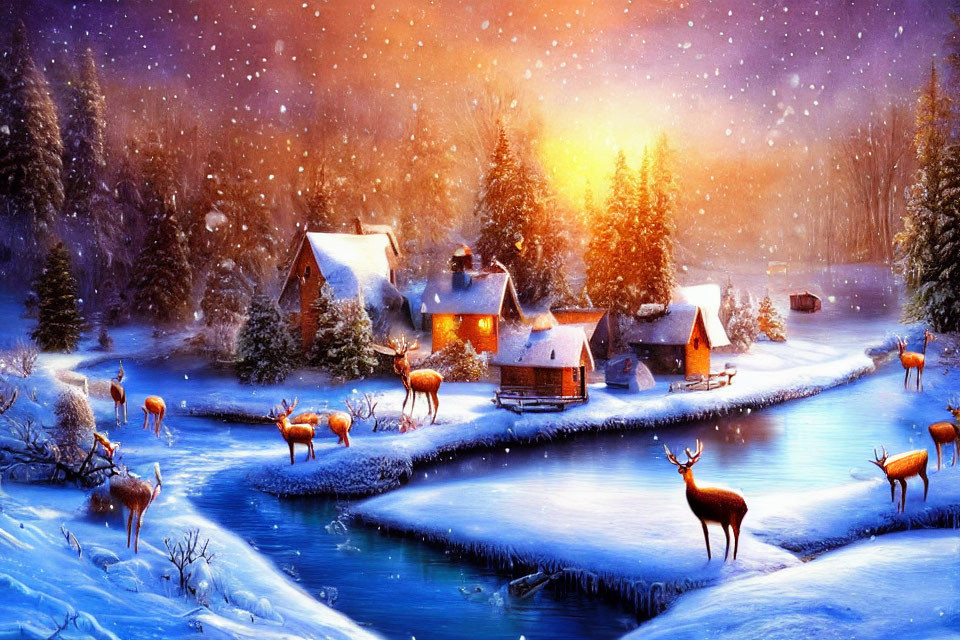 Snow-covered trees, village, sunset, and deer in winter landscape