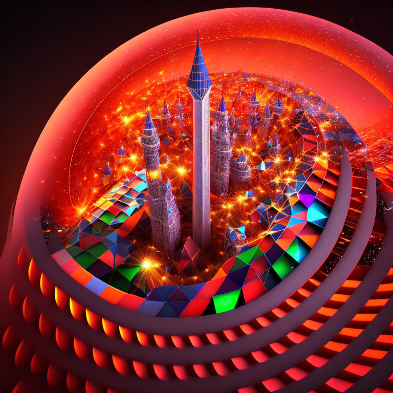 Glowing futuristic cityscape under translucent dome on spiral structure