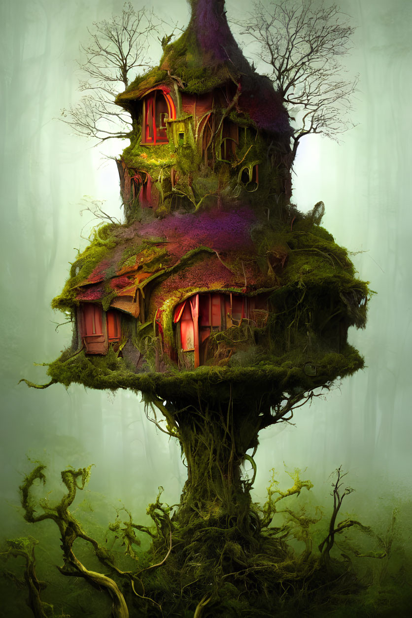 Whimsical enchanted treehouse in gnarly forest