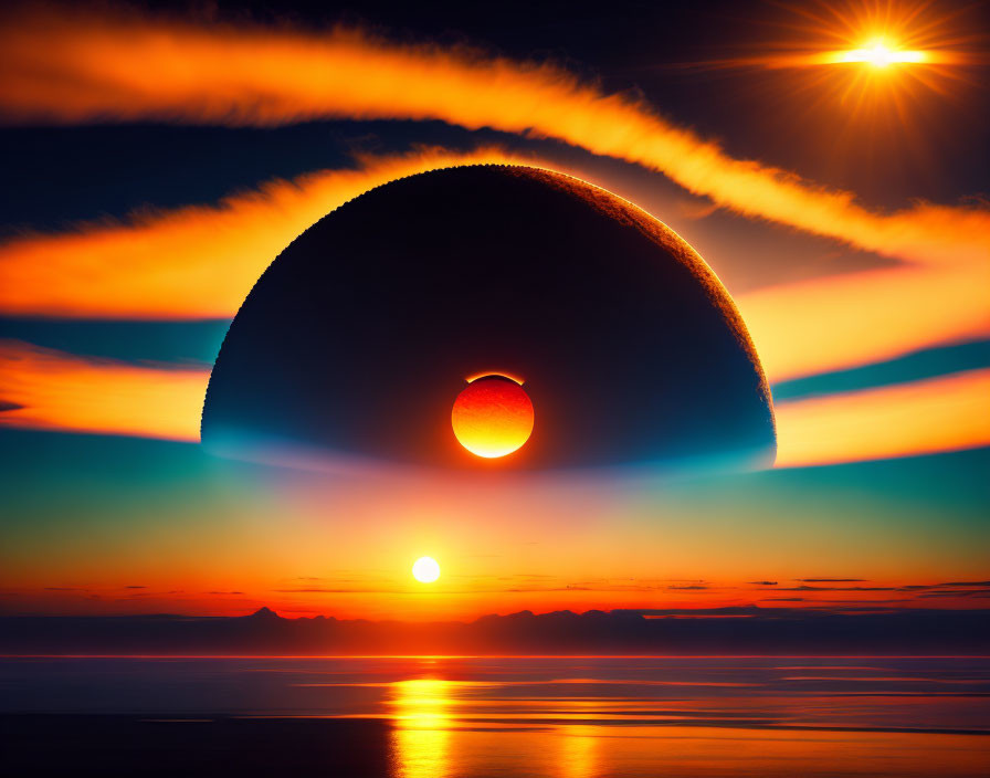 Unique Sunset with Two Suns Eclipsed by Celestial Body