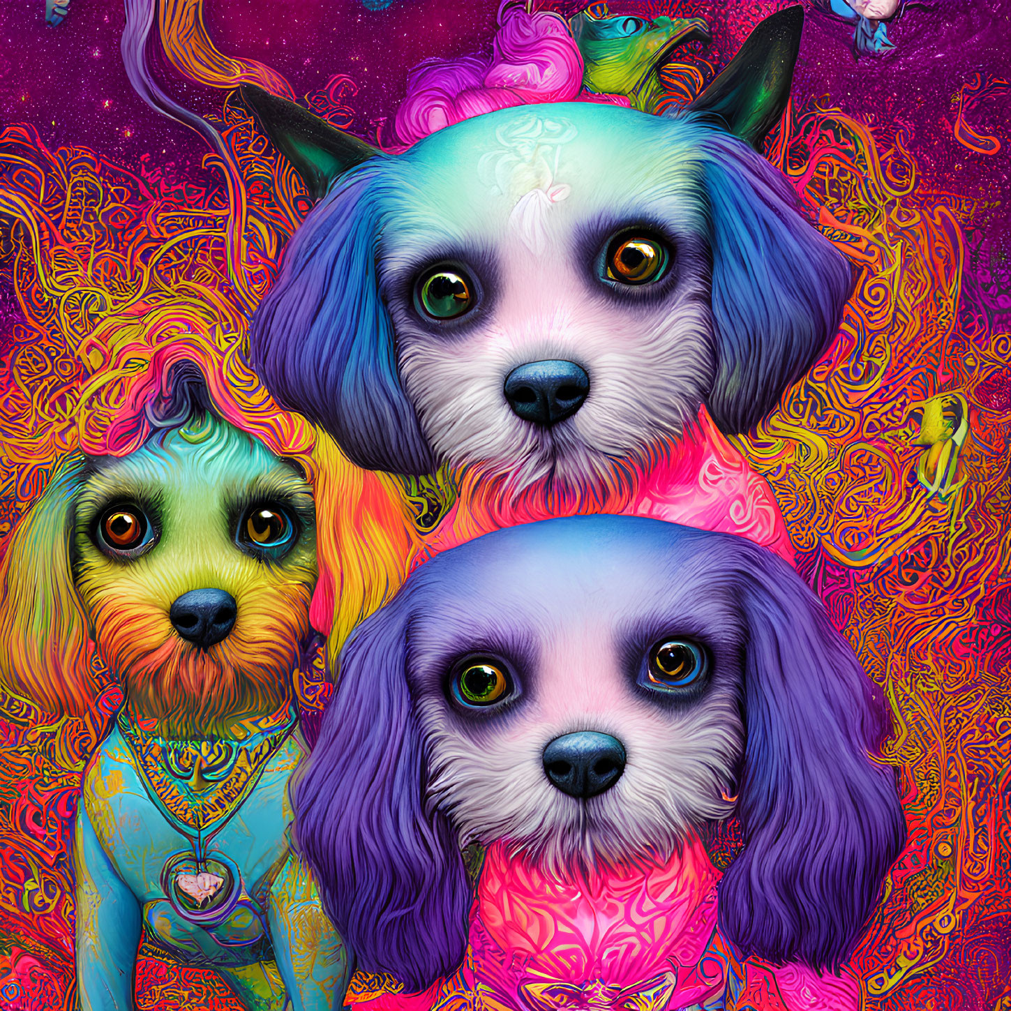 Colorful Stylized Dogs with Psychedelic Patterns and Vibrant Backgrounds