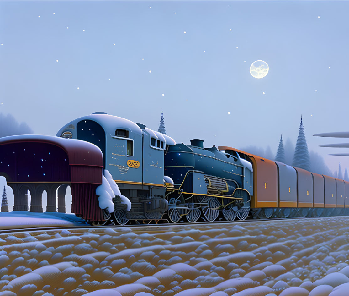 Vintage Blue Train Night Scene with Snowy Tracks, Moonlit Sky, and Pine Trees