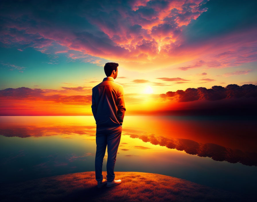 Man admiring vibrant sunset over calm water