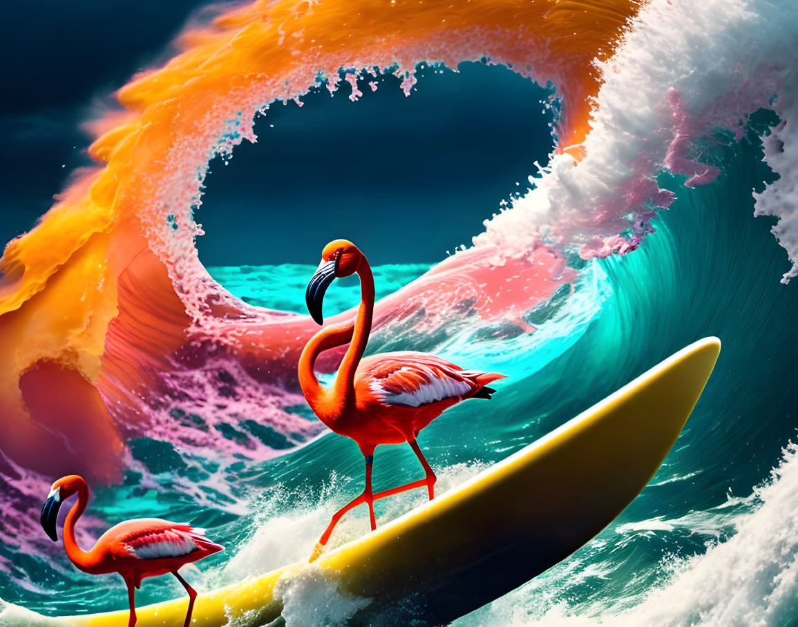 Colorful Digital Art: Flamingos Surfing on Yellow Board in Surreal Wave