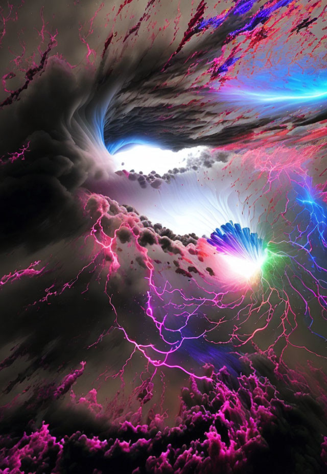 Vibrant pink and blue lightning in cosmic scene