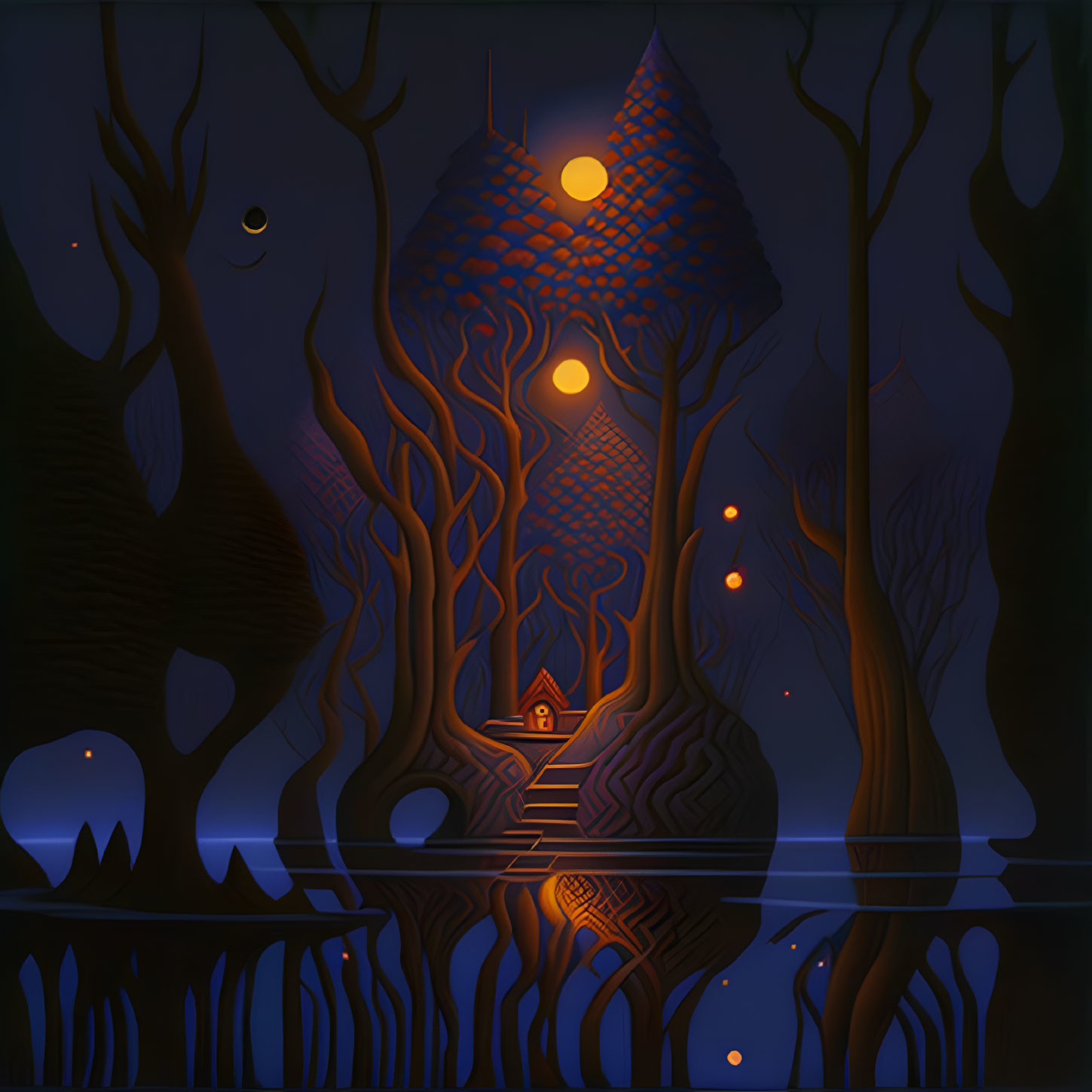 Mystical lantern-lit treehouse night scene surrounded by silhouette trees and reflective water surface