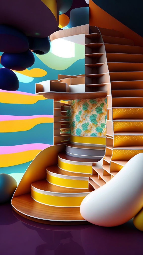 Colorful surreal art: Curving staircase in orange-yellow tones with abstract backdrop