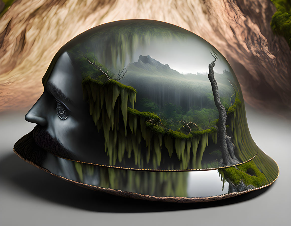 Male profile merges with green landscape and mountains in surreal artwork.