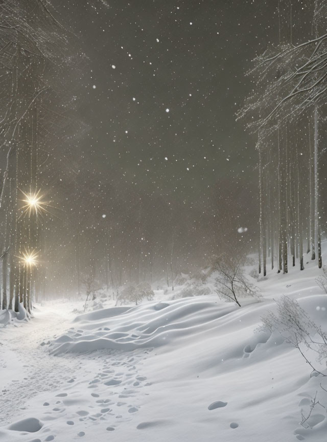 Snowy Night Forest Landscape with Falling Snowflakes