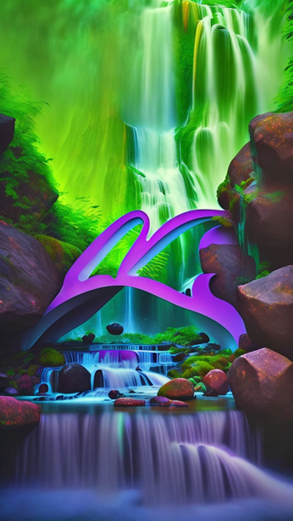 Vibrant digital artwork: waterfall with neon purple ribbon, lush greenery.