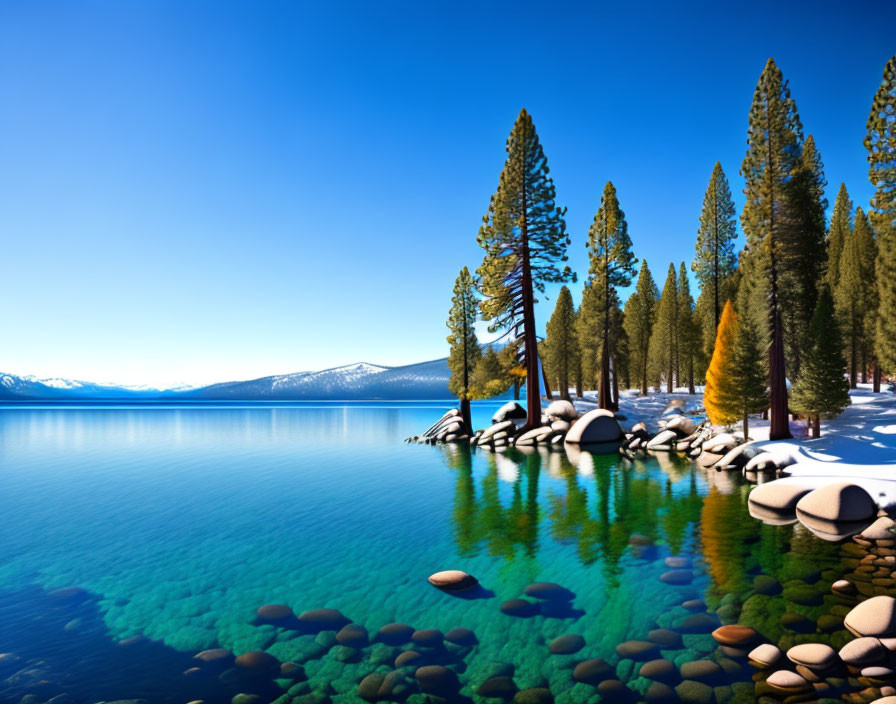 Tranquil blue lake, snowy pine trees, distant mountains