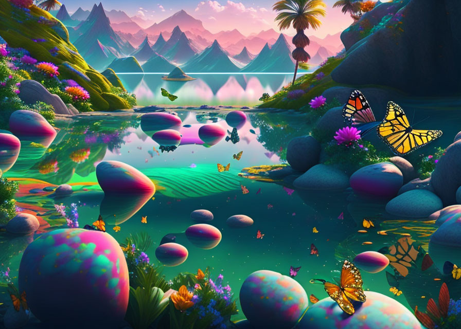 Colorful Fantasy Landscape with Reflective Water and Palm Trees