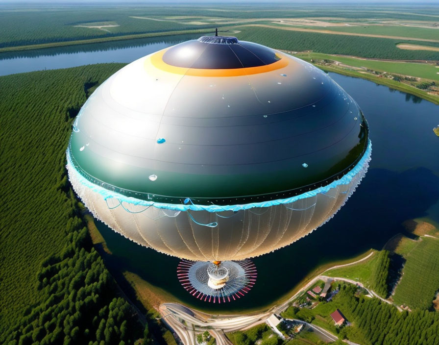 Spherical hot air balloon-like building in brown and orange hues amidst greenery and water bodies