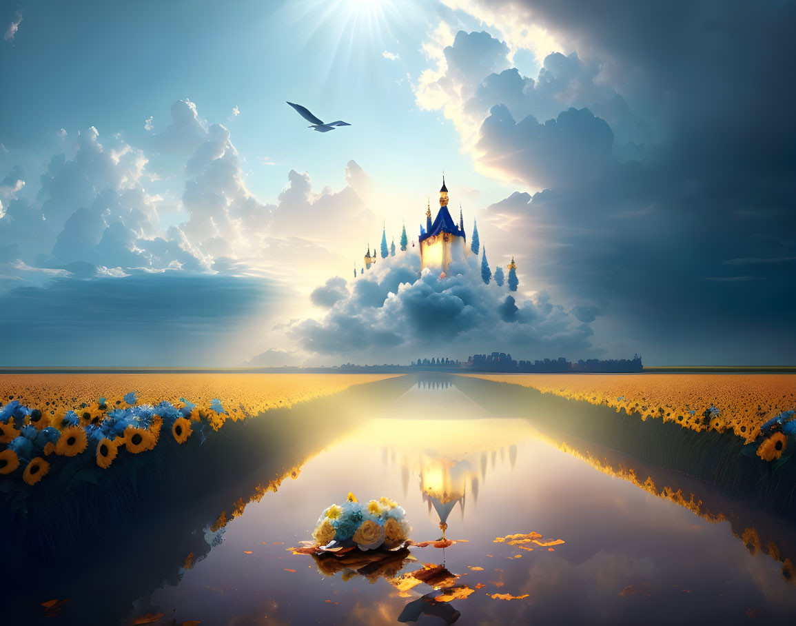 Fantasy castle above sunflower fields by reflective lake under dramatic sky