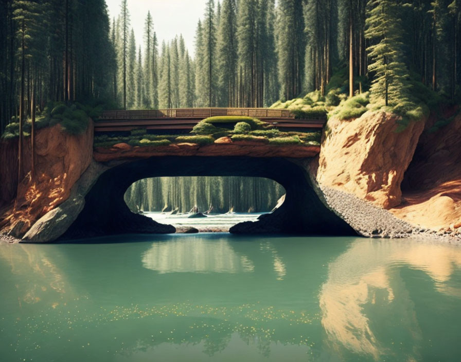 Tranquil forest scene with natural bridge, waterfall, and pine trees