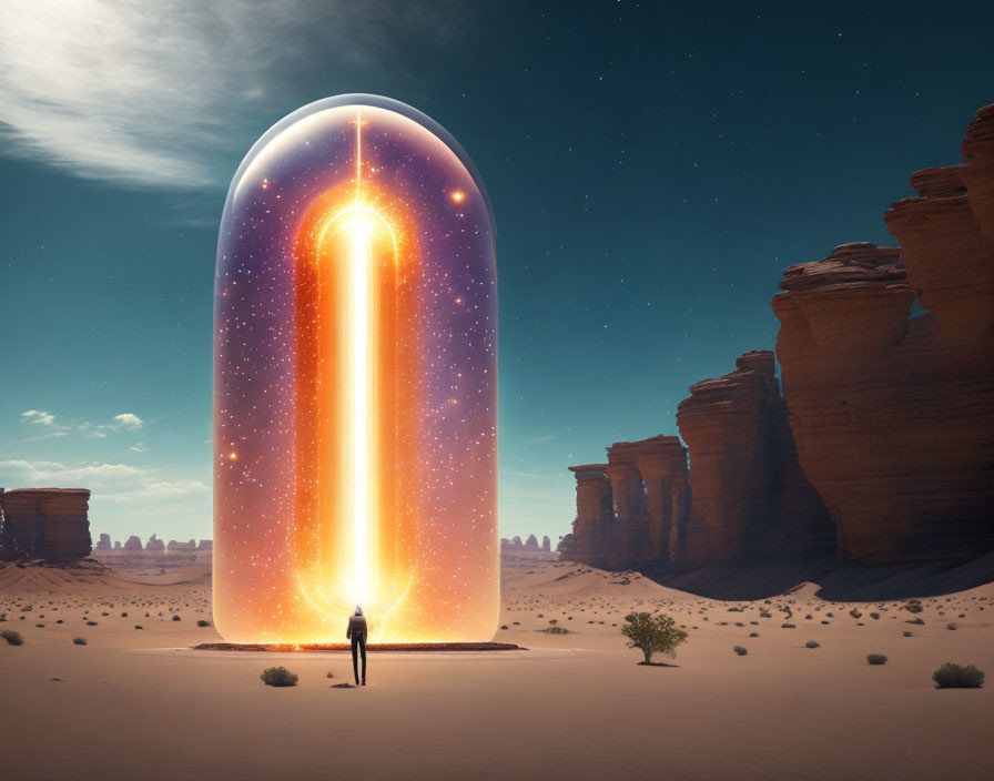 Person standing before glowing egg-shaped capsule in desert landscape