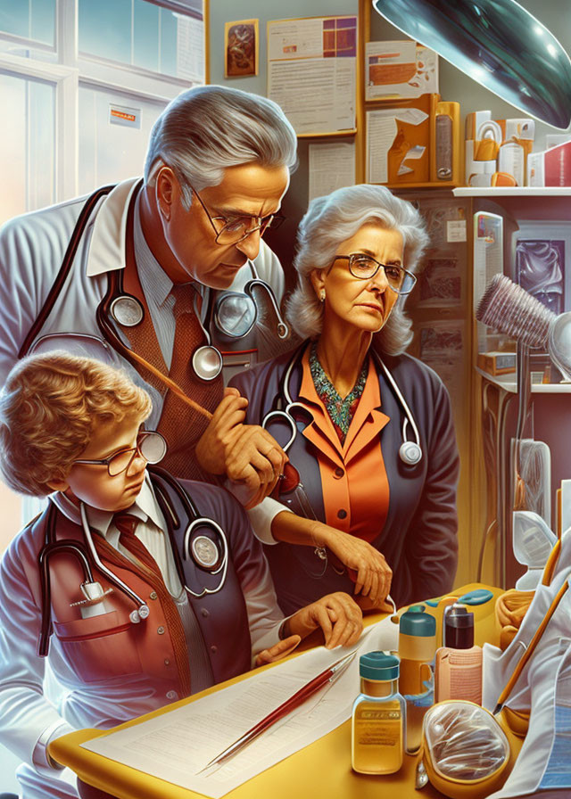 Elderly Male and Female Doctors Examining Young Boy with Glasses