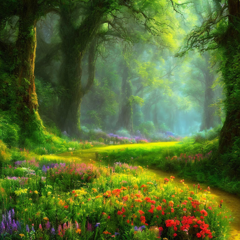 Colorful Forest Scene with Sunlight Filtering Through Trees