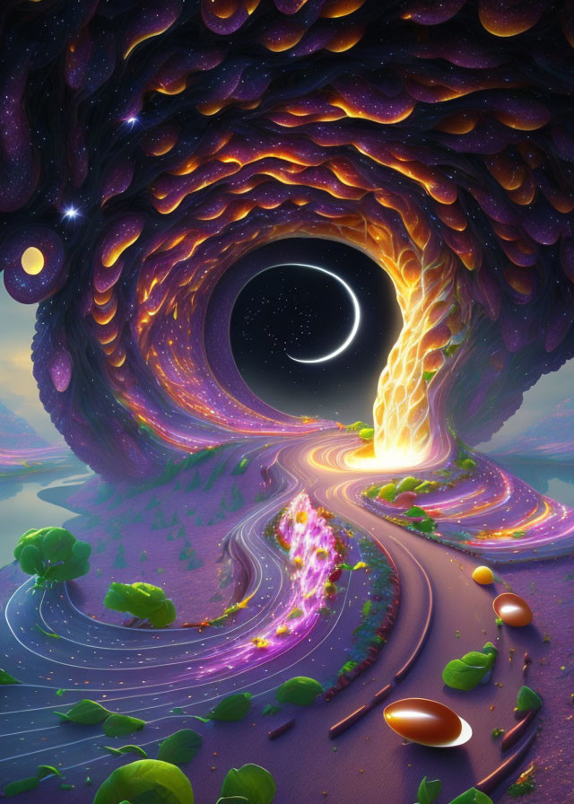 Colorful cosmic landscape with swirling road and vibrant flora