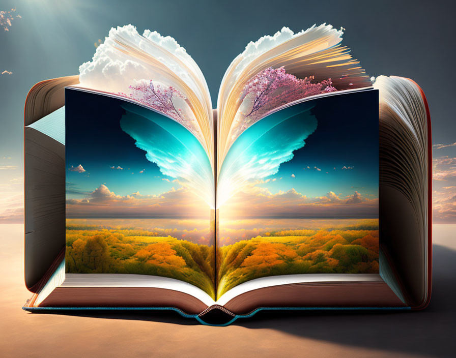 Open Book Transforms into Vibrant Landscape with Trees, Clouds, and Sunset