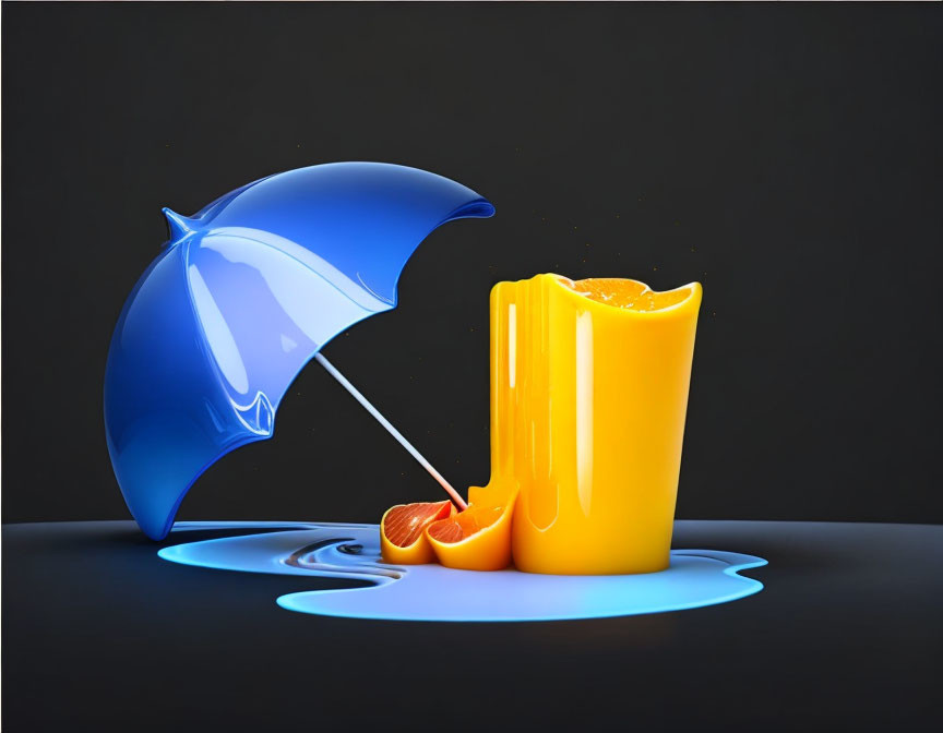 Blue umbrella with transparent effects leaning on half-peeled orange on dark background