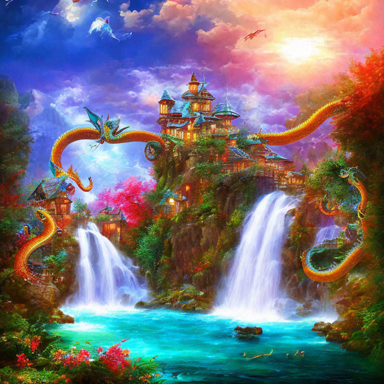 Fantasy landscape with castle, waterfall, dragons, lush flora, and sunset sky