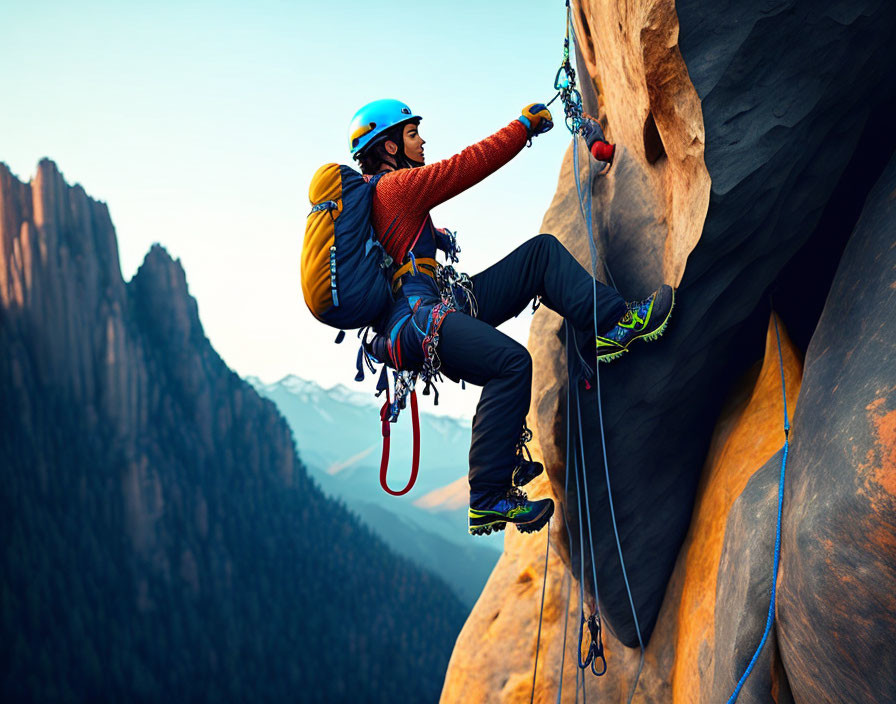 Climber with helmet and gear scaling steep rock face at sunset