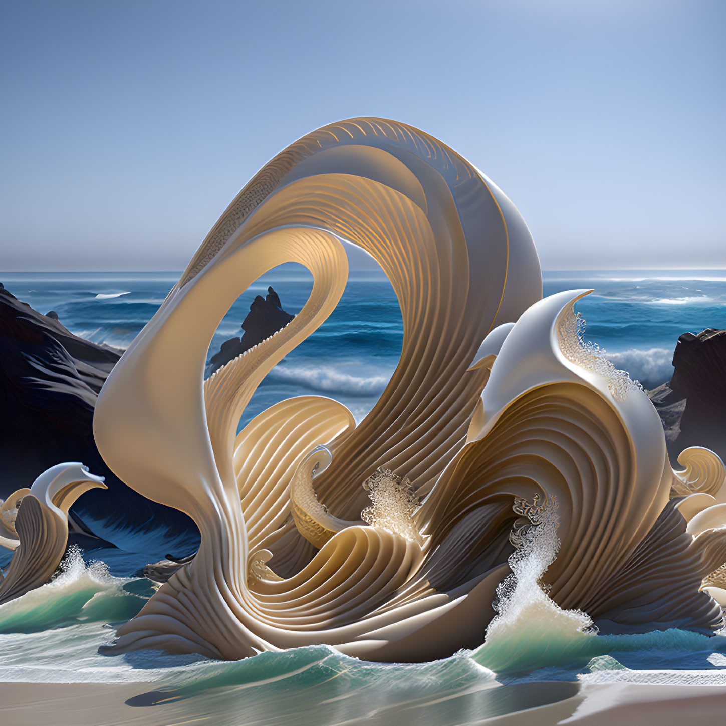 Surreal digital art: Golden waves swirling in serene ocean.