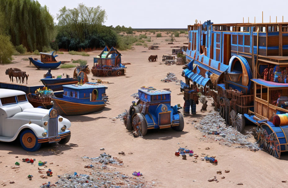 Vibrant fantasy caravan with whimsical vehicles in desert scenery