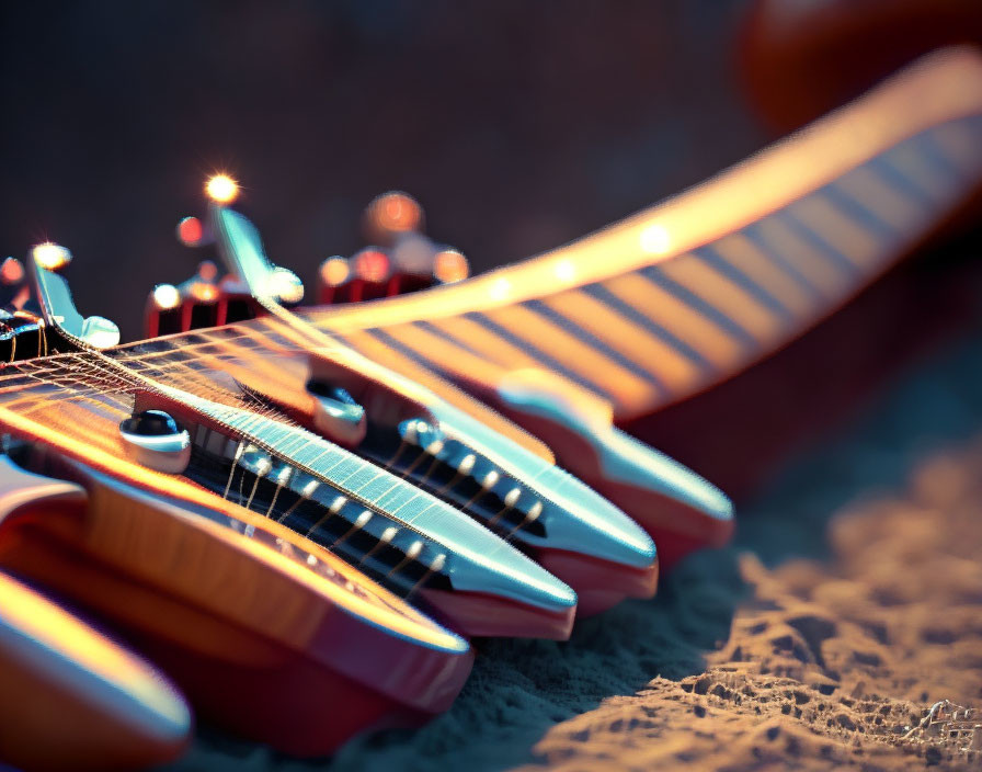 Detailed view of electric guitar fretboard, strings, headstock, soft lighting, bokeh background