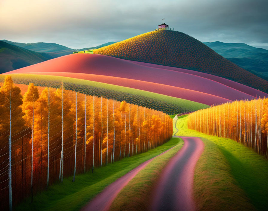 Scenic sunset view of winding road and golden trees on rolling hills